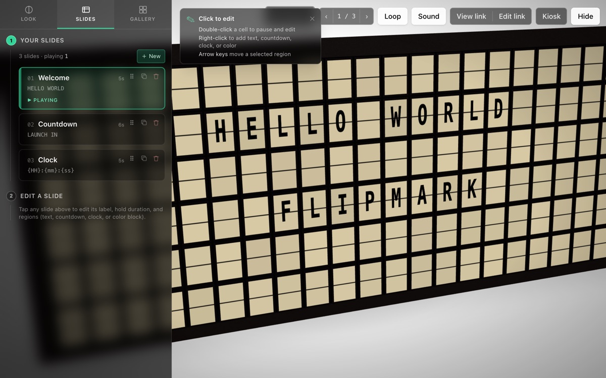 Screenshot of Flipmark, a split-flap display builder
