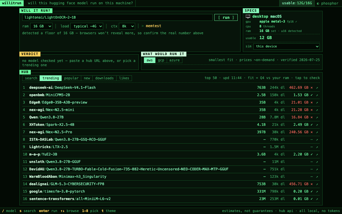 Screenshot of willitrun